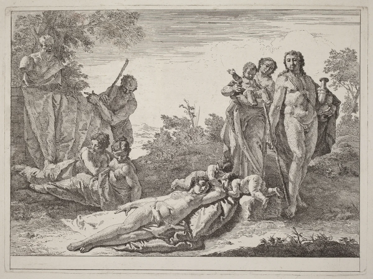 Apollo and Nymphs in a Landscape with a Bust of Pan by Francesco Fontebasso, print, 1744