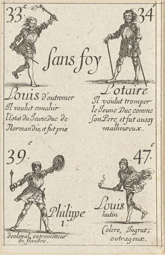 Lodewijk IV, Lotharius, Filips I en Lodewijk X by Stefano della Bella, print, 1620-1664