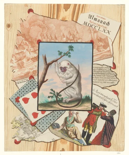 Schijnbedrieger met tekening van een zilver-oeistiti by anonymous, drawing, 1750-1849