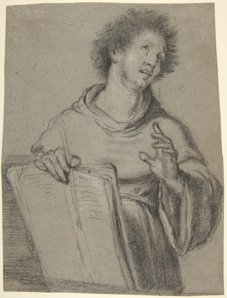 Half-Length Study of a Monk Holding a Book and a Long Implement by Bernardo Strozzi, drawing, 1632-1642