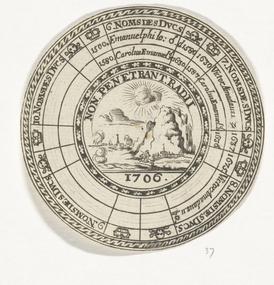 Penning met een embleem en de namen van de hertogen van Savoye by anonymous, print, 1706
