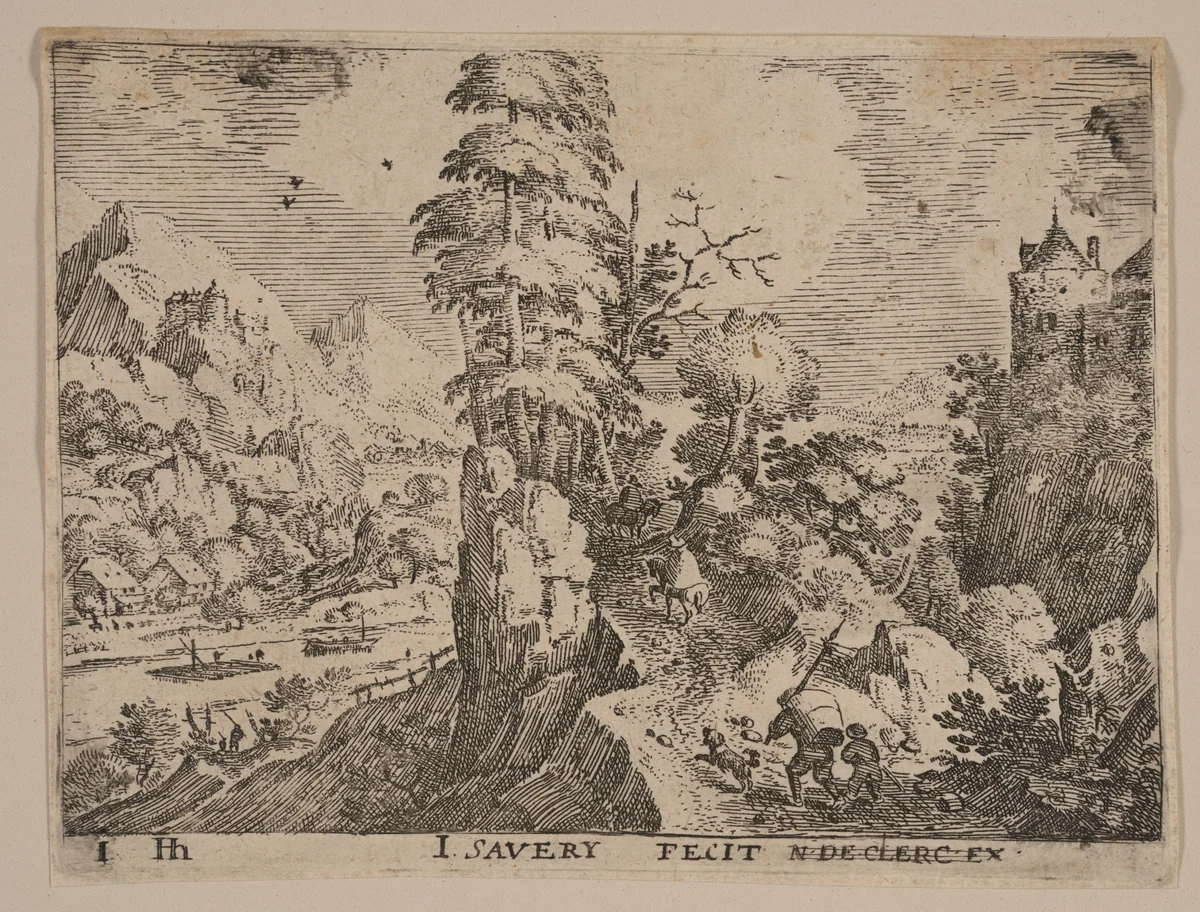 Path with Travelers to right of River, from Landscapes by Jacob Savery, print, 1590-1600