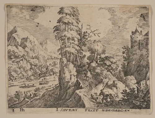Path with Travelers to right of River, from Landscapes by Jacob Savery, print, 1590-1600