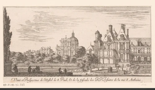Gezicht op het hôtel Saint-Paul en de kerk Saint-Paul-Saint-Louis by Israël Silvestre, print, 1650-1655