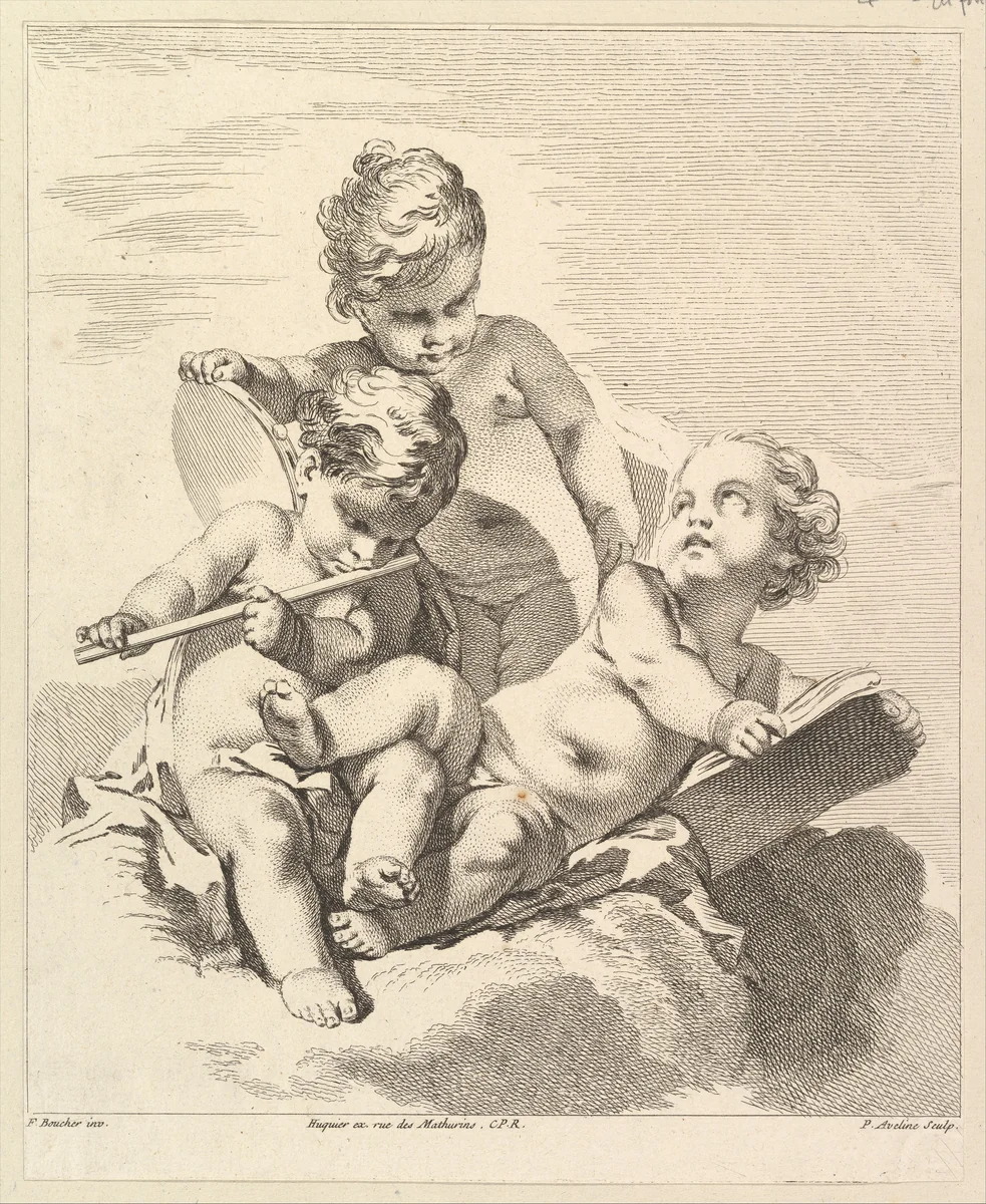 Three Loves with Musical Instruments by Pierre Alexandre Aveline, print, 1727-1760