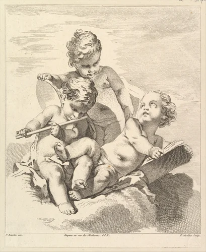 Three Loves with Musical Instruments by Pierre Alexandre Aveline, print, 1727-1760