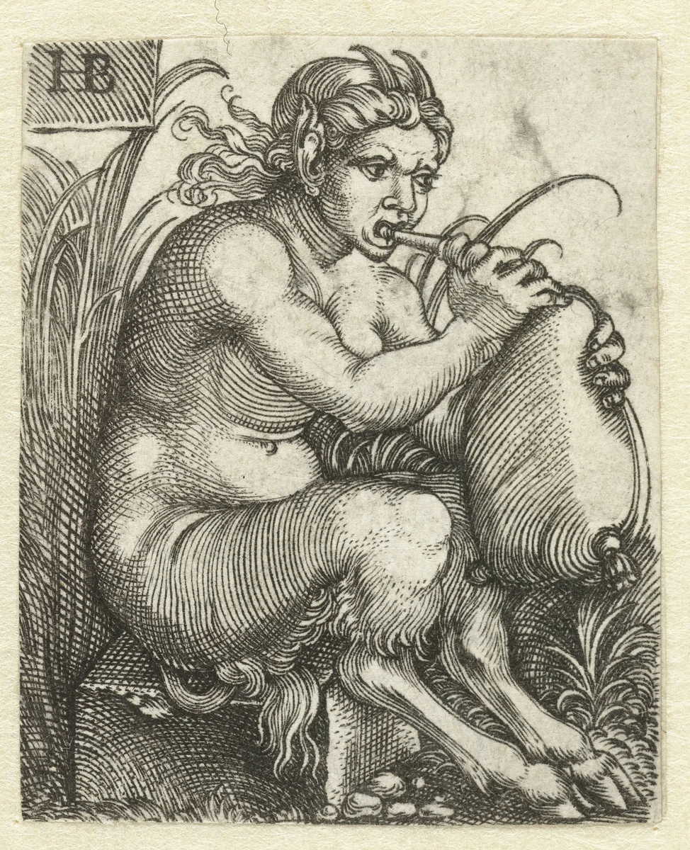 Sater vrouw speelt op een doedelzak by anonymous, print, 1510-1599