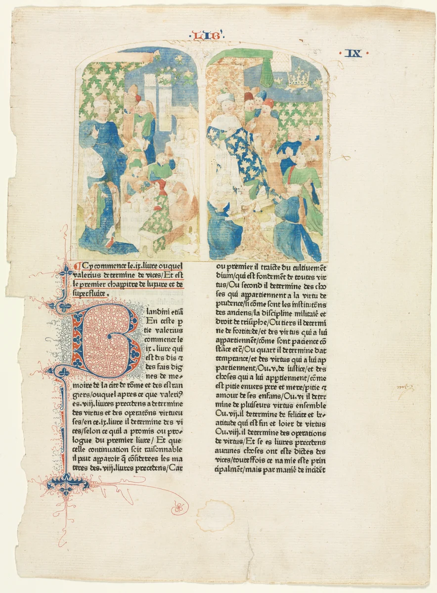 Opening Page of Book IX of Valerius Maximus's Facta et dicta memorabilia by Unknown, drawing, 1471-1481