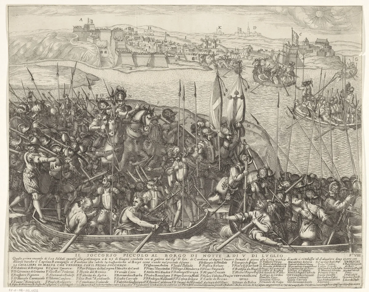 Hulptroepen op weg naar de Borgo op Malta by Antonio Francesco Lucini, print, 1665