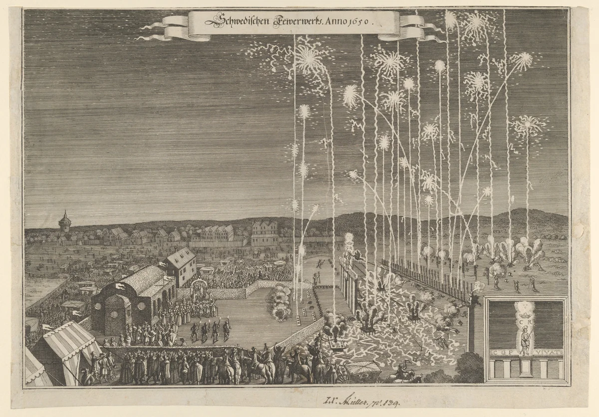 Fireworks given by the Swedish ambassadors to honor Karl Gustav, Count Palatine, executed by Johann Carl, Nuremberg 1650 by anonymous, print, 1650