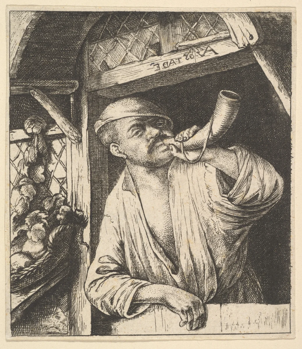 Baker Blowing Horn by Adriaen van Ostade, print, 1610-1685