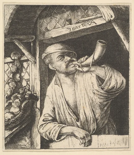 Baker Blowing Horn by Adriaen van Ostade, print, 1610-1685
