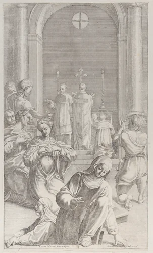 Two nuns emerging from a tomb while Saint Benedict celebrates the Mass by Giacomo-Maria Giovannini, print, 1687-1717