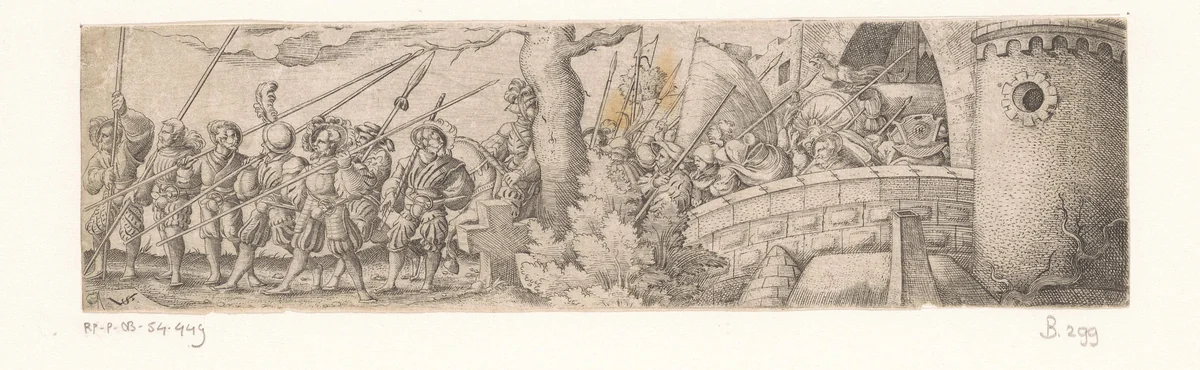 Vertrek van soldaten bij een stadspoort by Unknown, print, 1524-1562