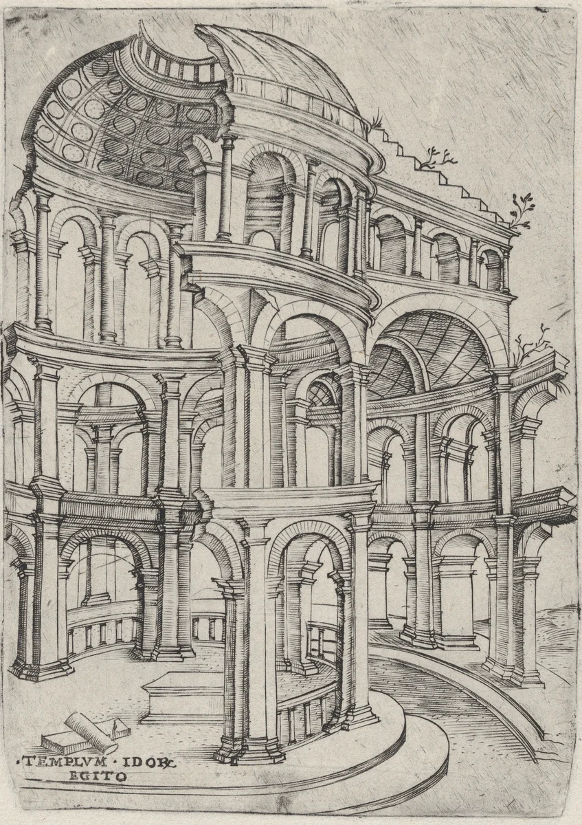 Templum Idor Egito, from a Series of 24 Depicting (Reconstructed) Buildings from Roman Antiquity by anonymous, print, 1530-1550