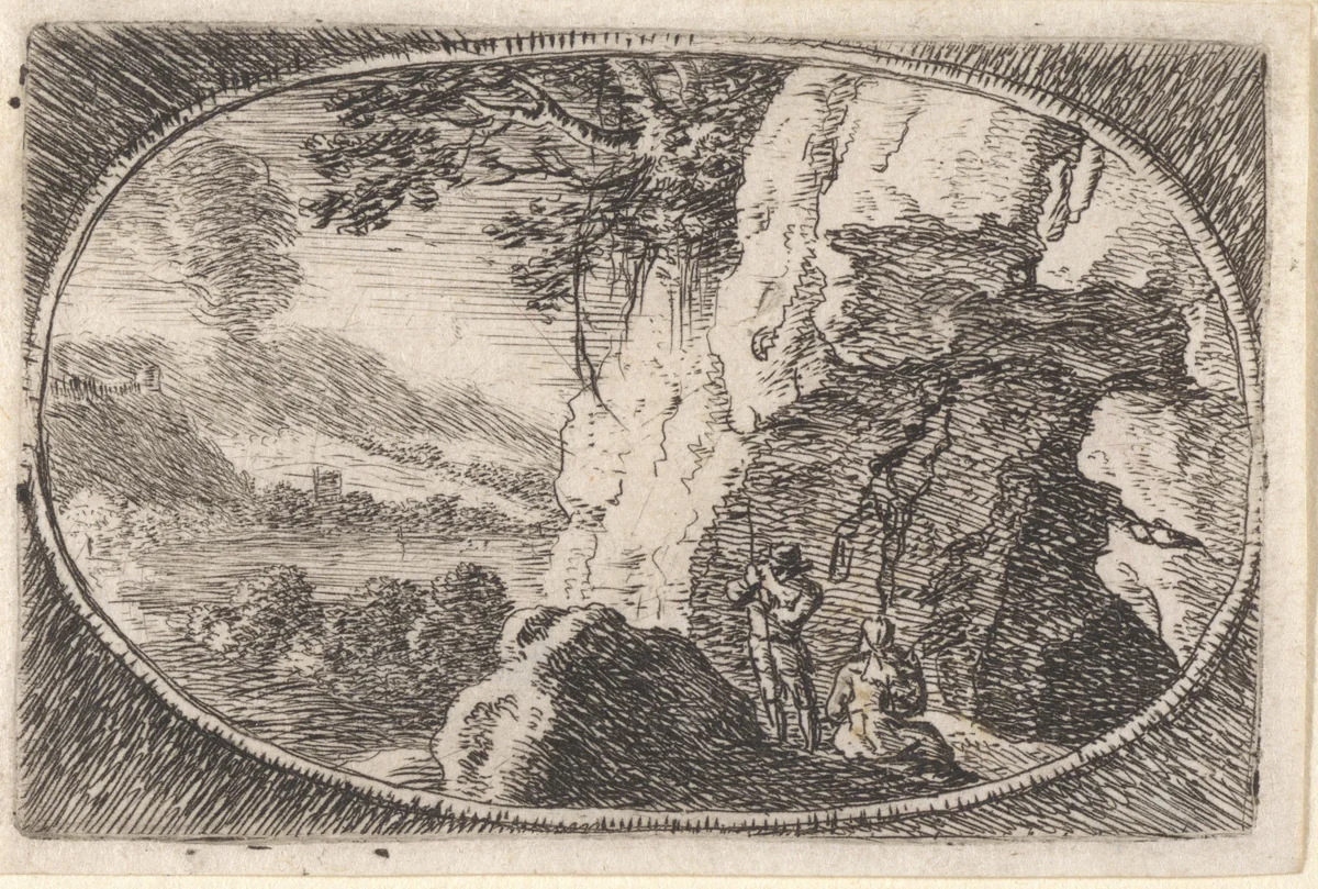 Twee figuren voor een grot by Herman van Swanevelt, print, 1650-1655