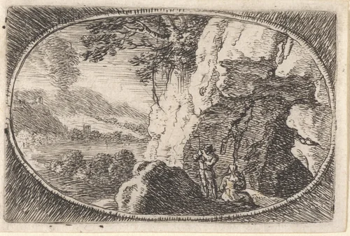 Twee figuren voor een grot by Herman van Swanevelt, print, 1650-1655