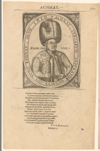 Portret van sultan Ahmed I op 22-jarige leeftijd by Laurence Johnson, print, 1603