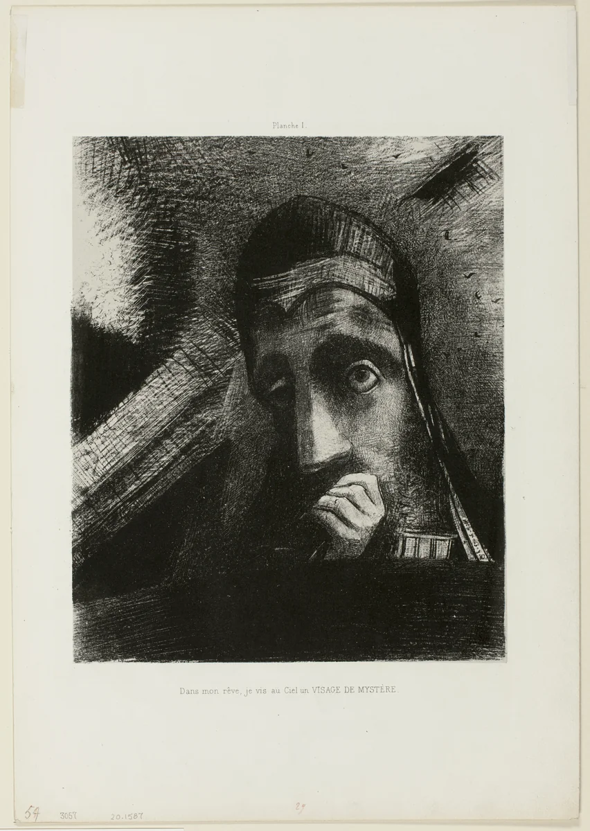 Face of Mystery (In my dream I saw in the Sky a FACE OF MYSTERY), plate 1 from Homage to Goya by Odilon Redon, print, 1885
