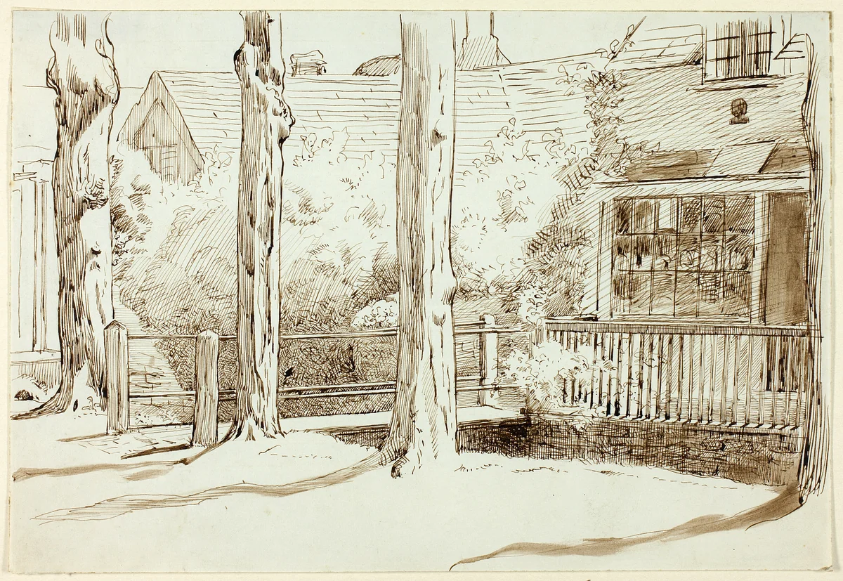House and Old Trees by Henry Stacy Marks, drawing, 1849-1898
