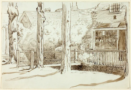 House and Old Trees by Henry Stacy Marks, drawing, 1849-1898