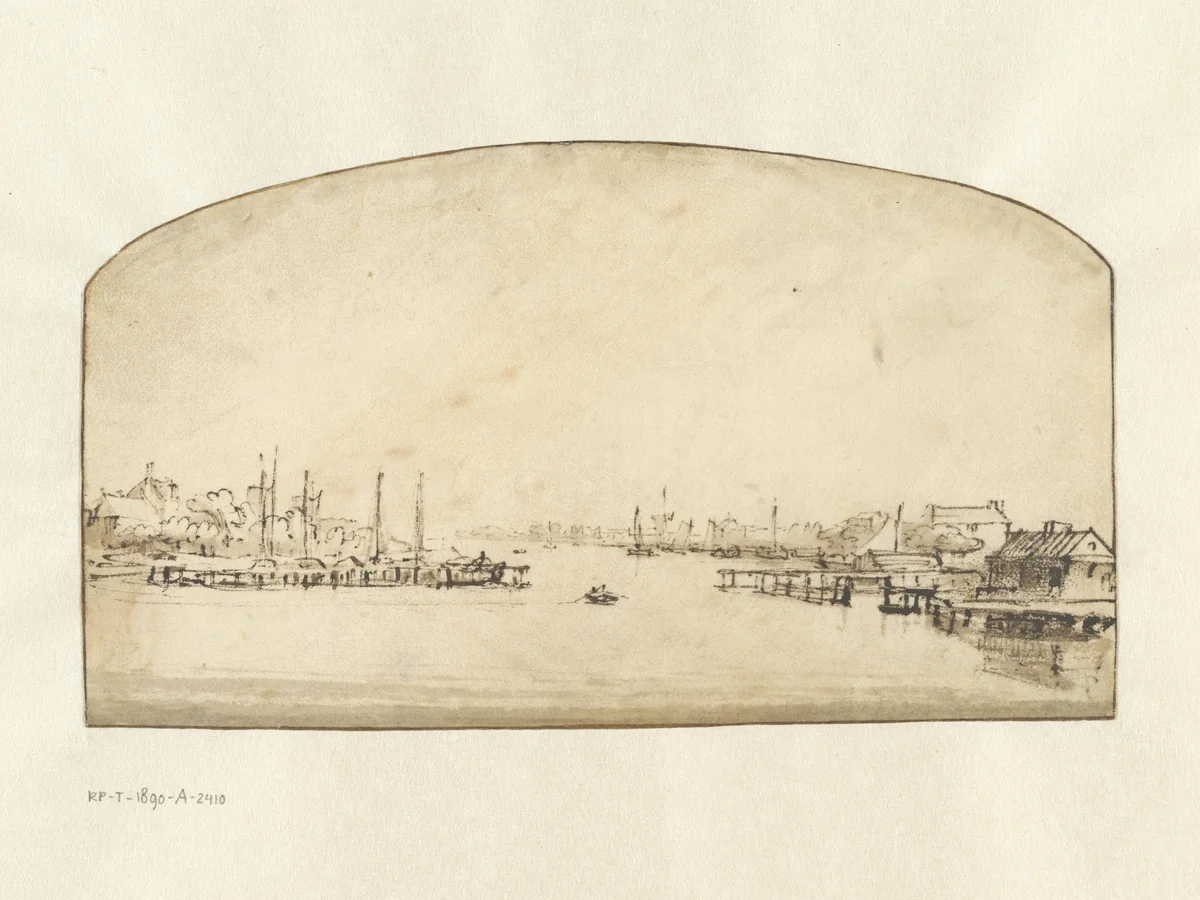 View of the Amstel from the Blauwbrug by Rembrandt van Rijn, drawing, 1645-1650