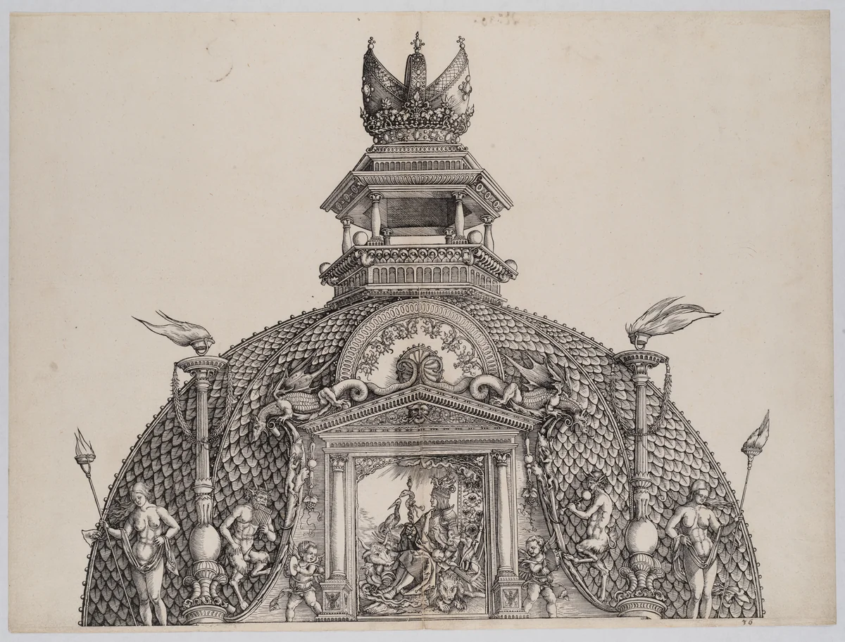 The Cupola and Imperial Crown on the Central Portal, from the Arch of Honor, proof, dated 1515, printed 1517-18 by Hans Springinklee, print, 1515