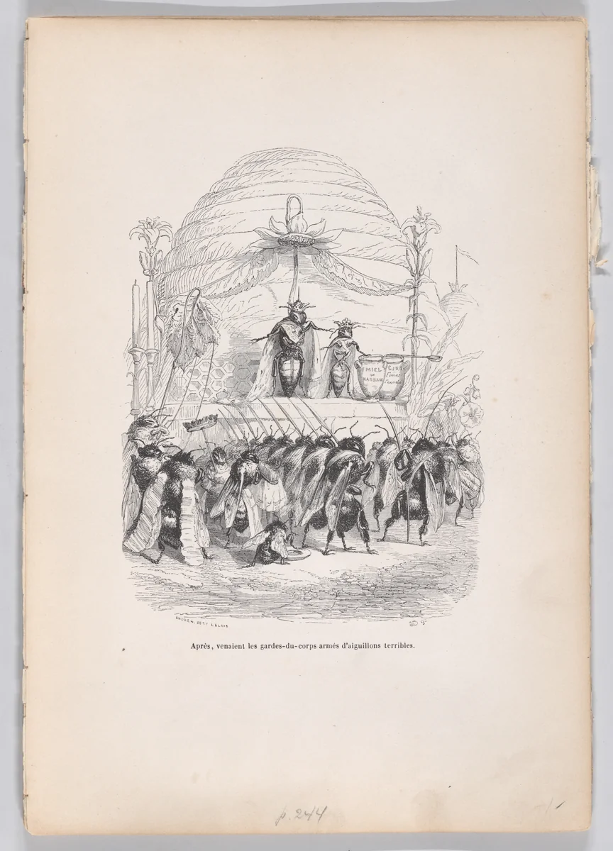 After, in came the body of guards armed with terrible stings, from "Scenes from the Private and Public Life of Animals" by J. J. Grandville, print, 1832-1852