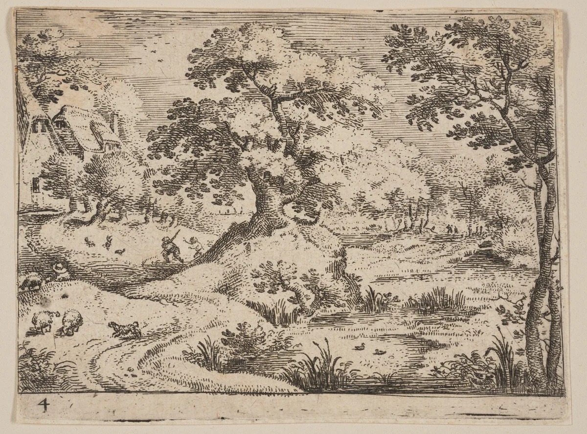 Path by a Swamp: Sheepdog and Sheep, from Landscapes by Jacob Savery, print, 1590-1600