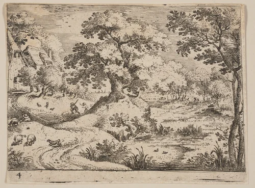 Path by a Swamp: Sheepdog and Sheep, from Landscapes by Jacob Savery, print, 1590-1600