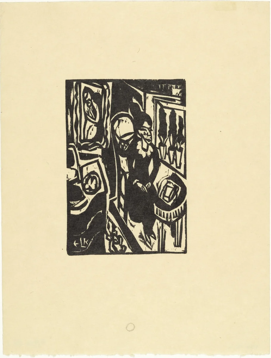 Canoness at the Sewing Table (Stiftsfräulein am Nähtisch) from the illustrated book Das Stiftsfräulein und der Tod (The Canoness and Death) by Ernst Ludwig Kirchner, print, 1912