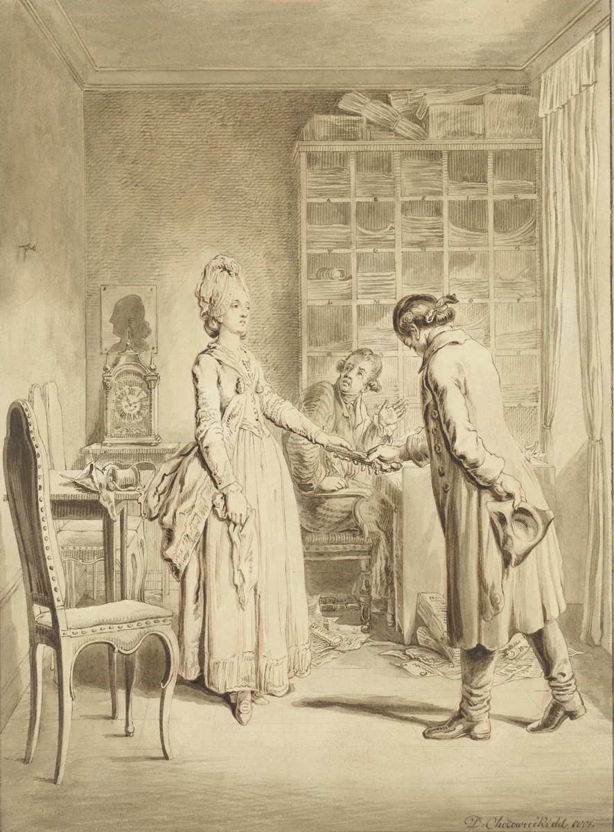 Lotte overhandigt pistolen aan Werthers bediende by Daniel Nikolaus Chodowiecki, drawing, 1777