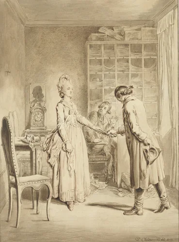 Lotte overhandigt pistolen aan Werthers bediende by Daniel Nikolaus Chodowiecki, drawing, 1777