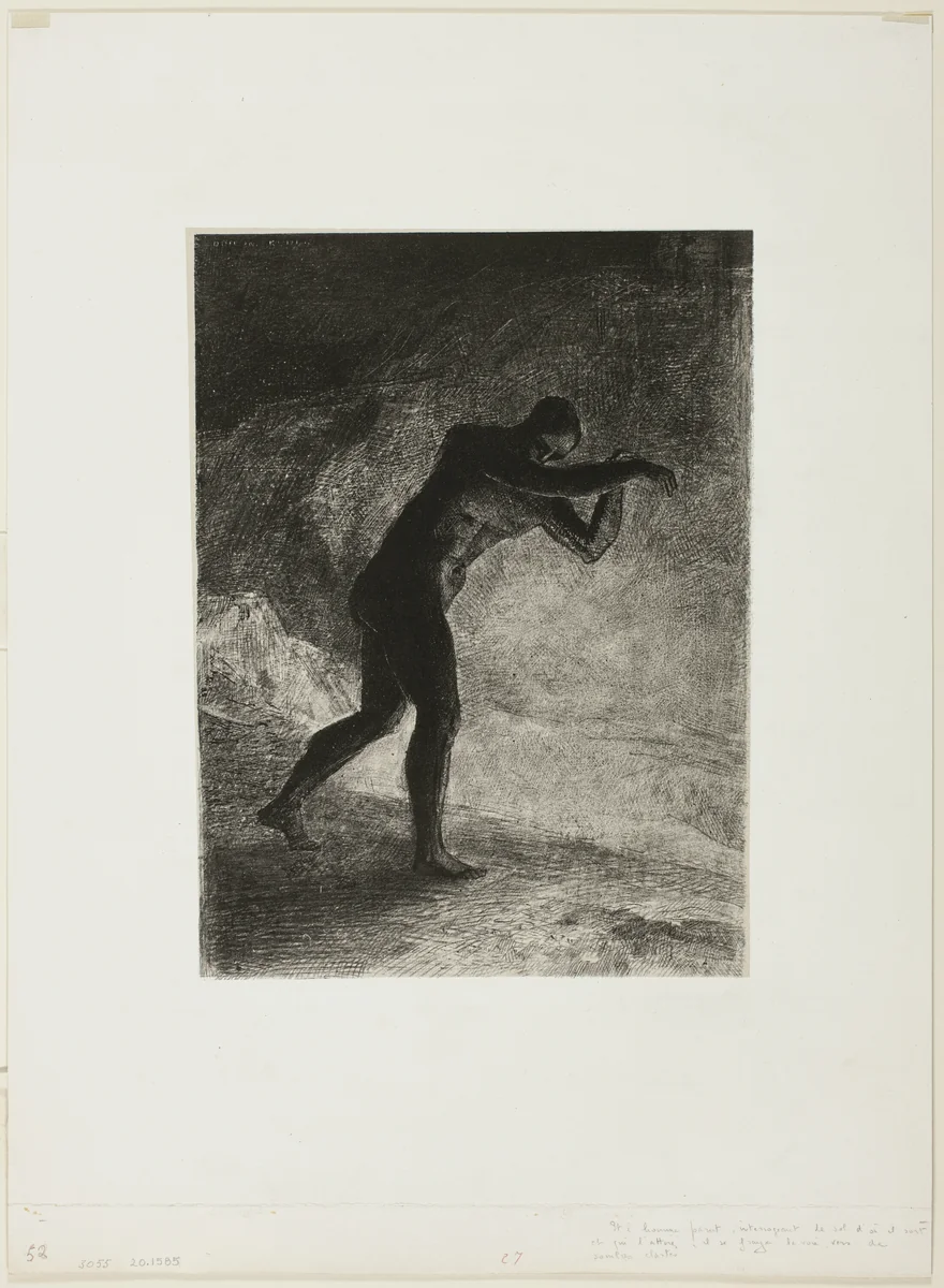 And Man Appeared; Questioning the Earth From Which He Emerged and Which Attracted Him, He Made His Way Toward Somber Brightness, plate 8 of 8 from "Les Origines" by Odilon Redon, print, 1883