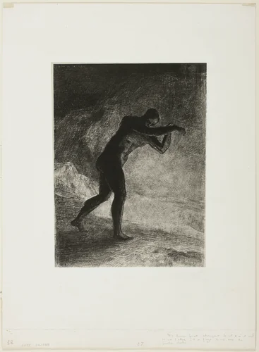 And Man Appeared; Questioning the Earth From Which He Emerged and Which Attracted Him, He Made His Way Toward Somber Brightness, plate 8 of 8 from "Les Origines" by Odilon Redon, print, 1883