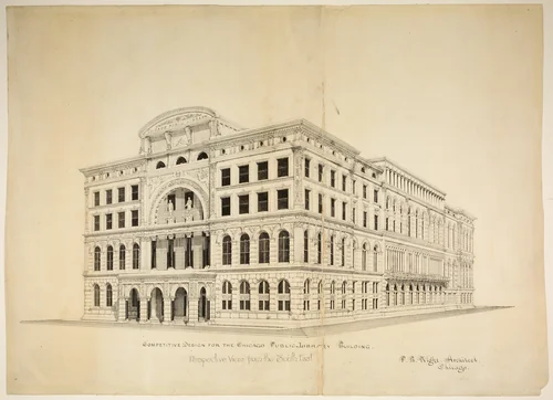 Chicago Public Library Design Competition, Chicago, Illinois, Perspective by Peter Bonnett Wight, drawing, 1891