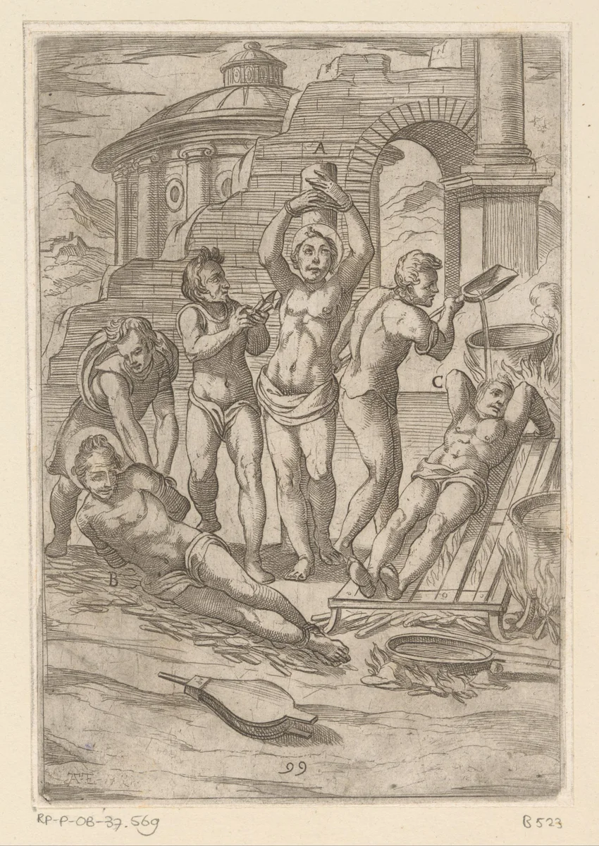 Foltering met scherpe punten en kokende olie by Unknown, print, 1565-1630