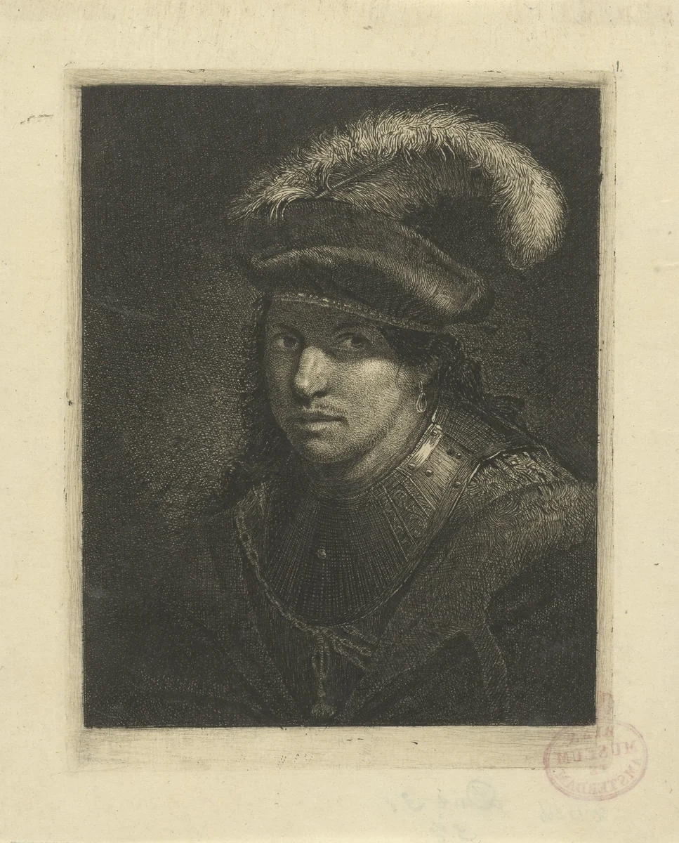 Portret van een onbekende man met gepluimde baret by Johannes Pieter de Frey, print, 1780-1834