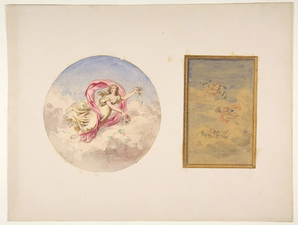 Two designs for the decoration of ceilings with figures in clouds by Jules-Edmond-Charles Lachaise, drawing, 1830-1897