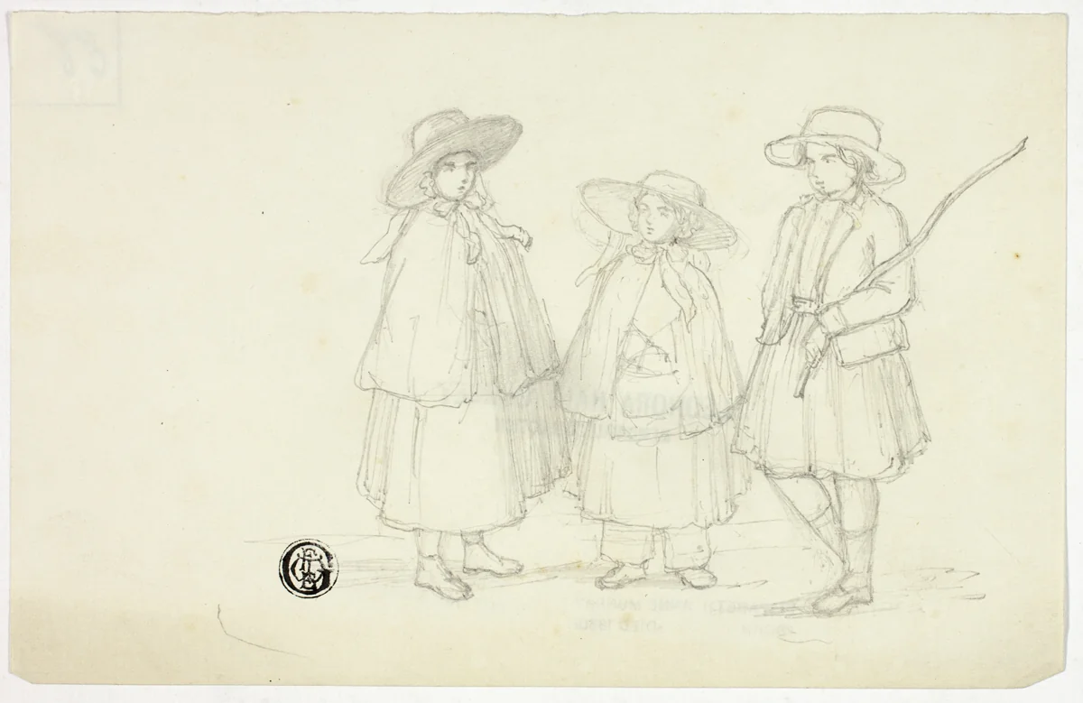 Three Little Girls by Elizabeth Murray, drawing, 1835-1882