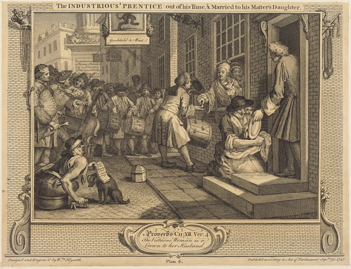 The Industrious 'Prentice out of his Time, and Married to his Master's Daughter by William Hogarth, print, 1747