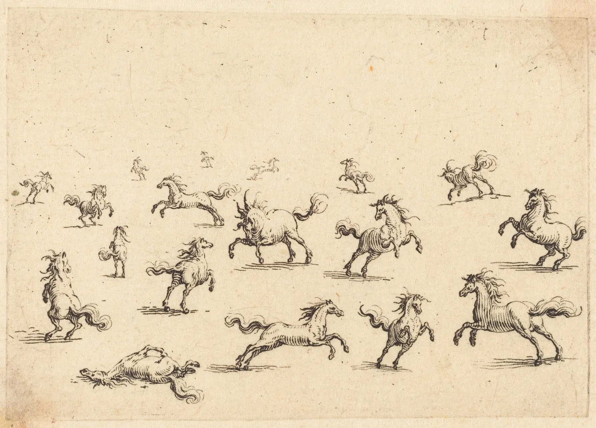 Horses Running by Jacques Callot, print, 1617