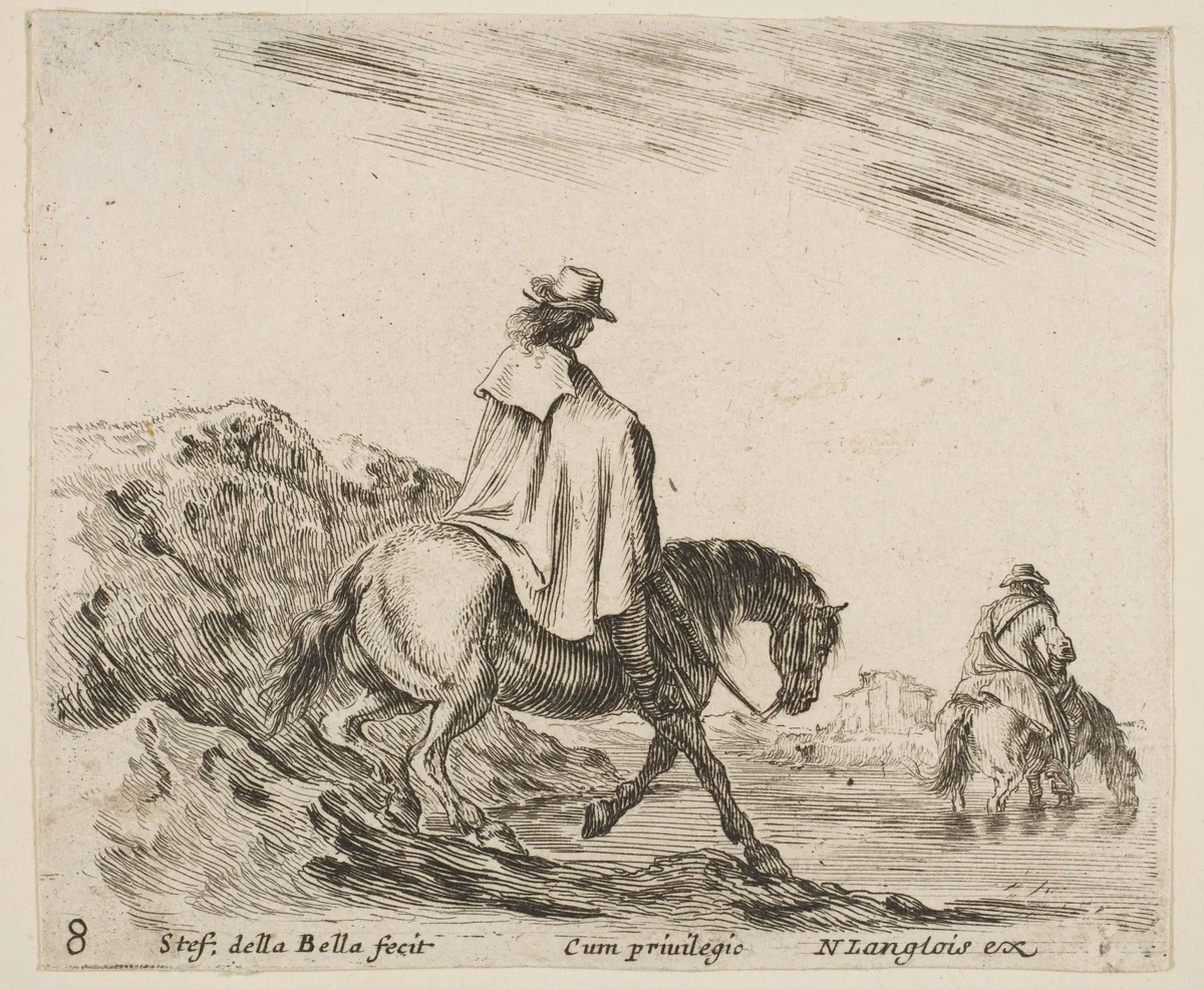 A horseman descends a riverbank, another horseman in river to right, plate 8 from "Diversi capricci" by Stefano della Bella, print, 1639-1649