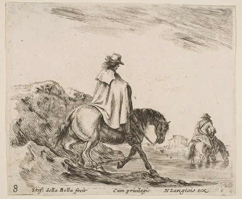 A horseman descends a riverbank, another horseman in river to right, plate 8 from "Diversi capricci" by Stefano della Bella, print, 1639-1649