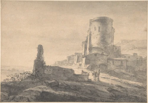 Landscape with a Tower by Thomas Wijck, drawing, 1629-1677