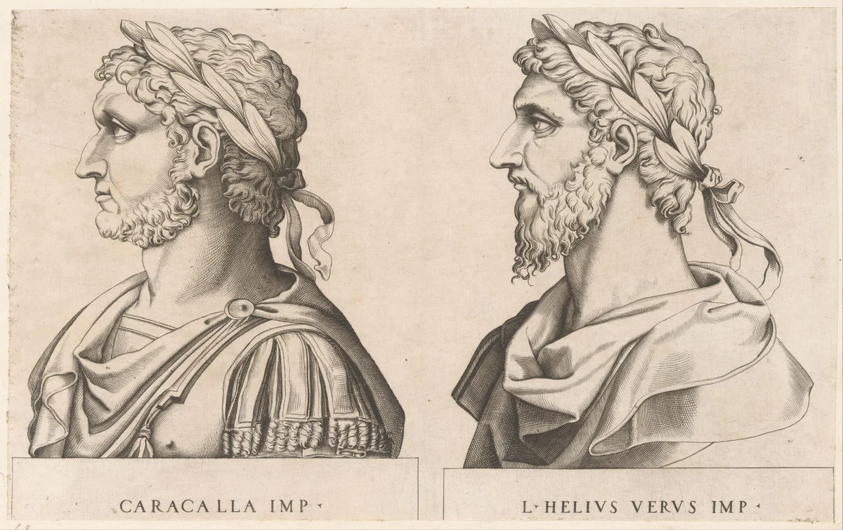 Portretbustes van Romeinse keizers Caracalla en Helius Verus by anonymous, print, 1510-1562