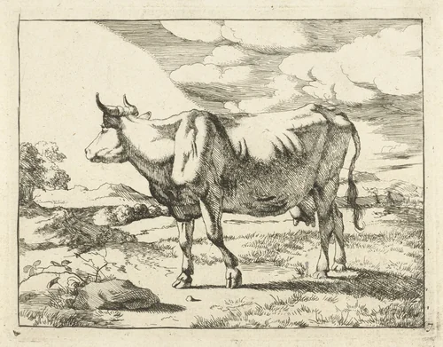 Staande koe naar links by Marcus de Bye, print, 1657-1677