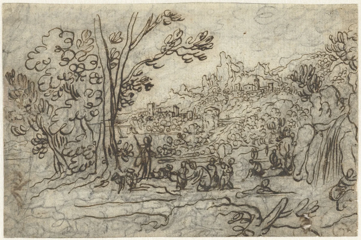 Landschap met Actaeon en Diana en haar gezellen by Cigoli, drawing, 1569-1613