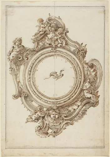 A Rococo Clock with Sirens, Putti, Masks, and a Bird of Paradise Pointer by Giovanni Bettati, drawing, 1700-1777