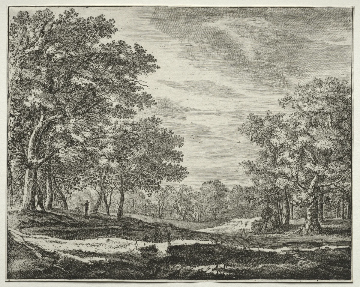Six views in the Wood of the Hague: Plate 5, A Man with a Staff in His Hand by Roelant Roghman, print, 1640-1652